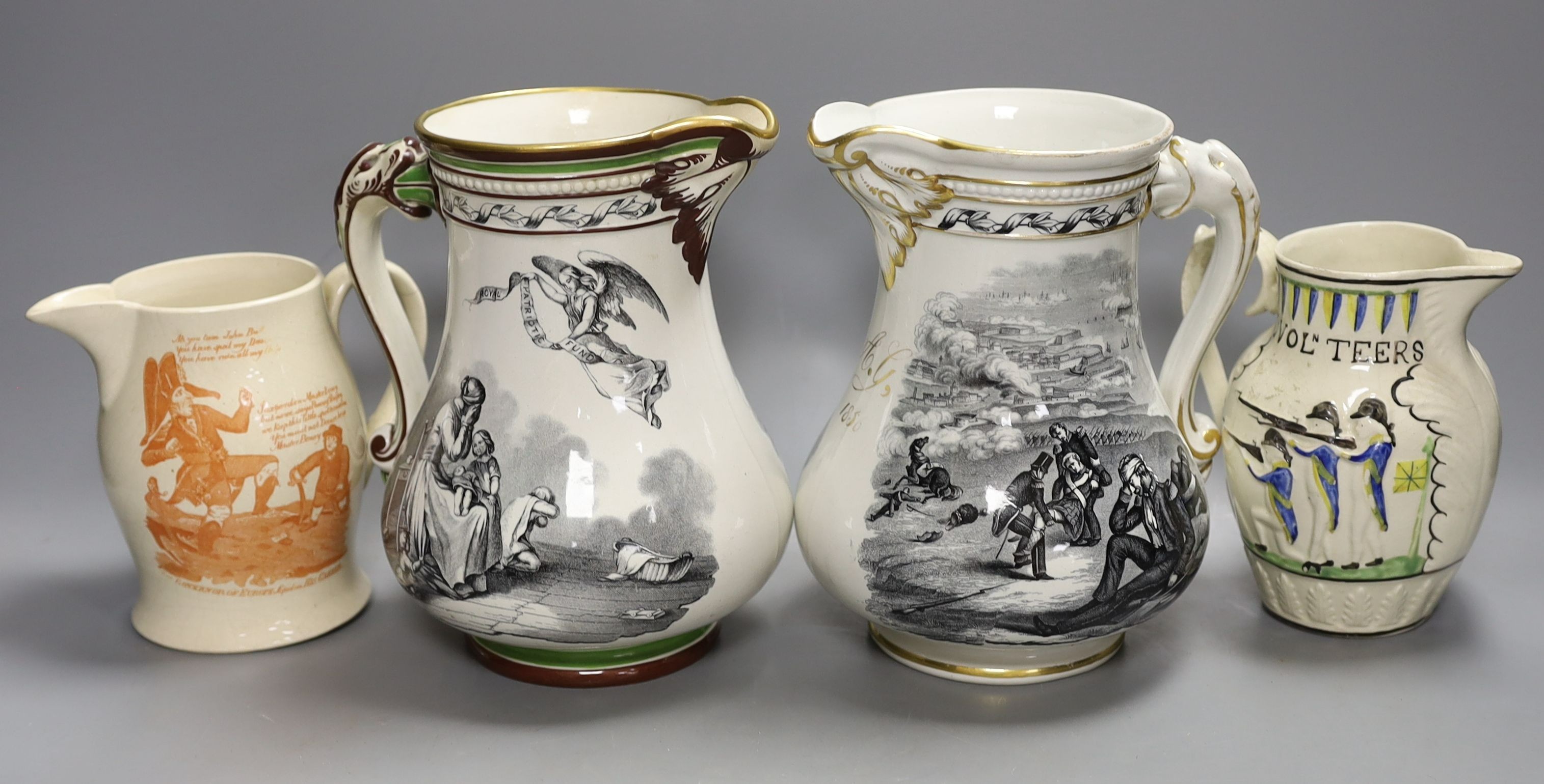 A Success to the Volunteers pearlware ‘Master Boney’ jug, c.1800, two Samuel Alcock Royal Patriotic jugs and a Leeds pottery relief-moulded Volunteer's jug and a transfer-printed jug.